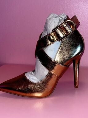 Qupid Metallic Copper Cross-Strap Pointed Stiletto Heel